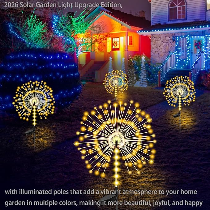 2 Pack 250LED Solar Garden Lights Outdoor, Dual Lighting Modes Firework Lights Solar Powered, Waterproof Twinkle Fairy Light Outside for Yard Patio Pathway Christmas Party Decorative（Warm White）