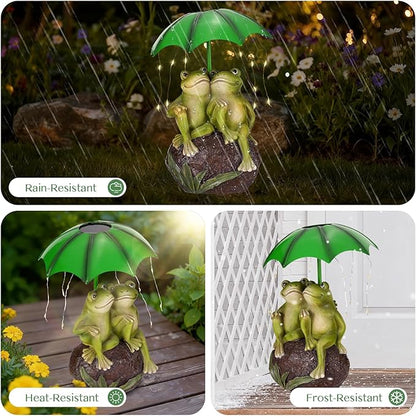 Solar Garden Statues Decor Frog Couple with LED Lights and Umbrella, Spring Outdoor Garden Statues, Frog Statue for Patio, Balcony, Housewarming, Yard Ornaments Gifts for Women