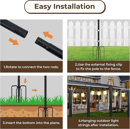 10 Ft String Light Poles for Outside, 4 Pack Heavy-Duty Metal Poles for Outdoor Hanging Lights with Fence Brackets, Outdoor String Light Pole Stand for Patio, Backyard, Garden