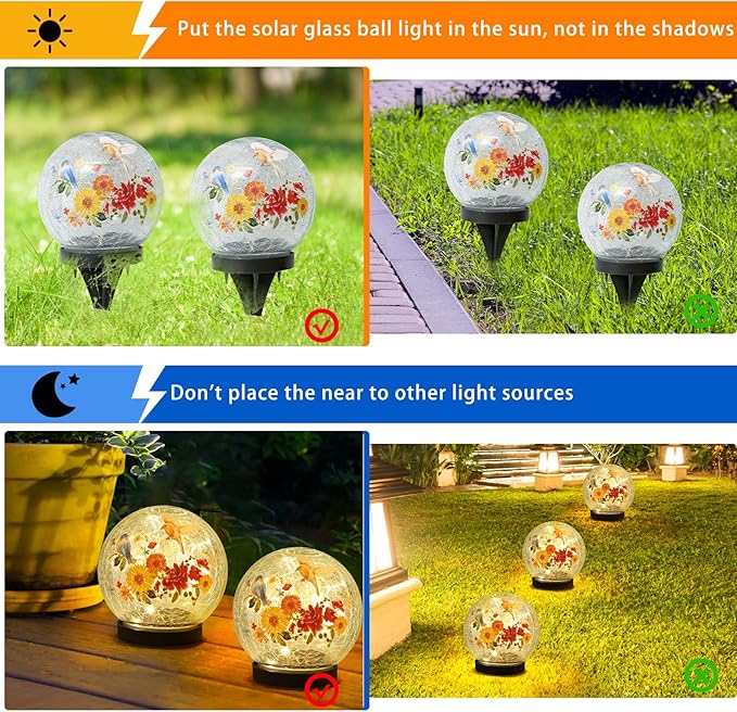 Solar Globe Lights Outdoor Waterproof, Cracked Glass Ball Orb Lights, Waterproof Globes for Garden Pathways, Patio Decor & Backyard Landscaping, Round Ornaments Orbs (Red-Yellow Flower)