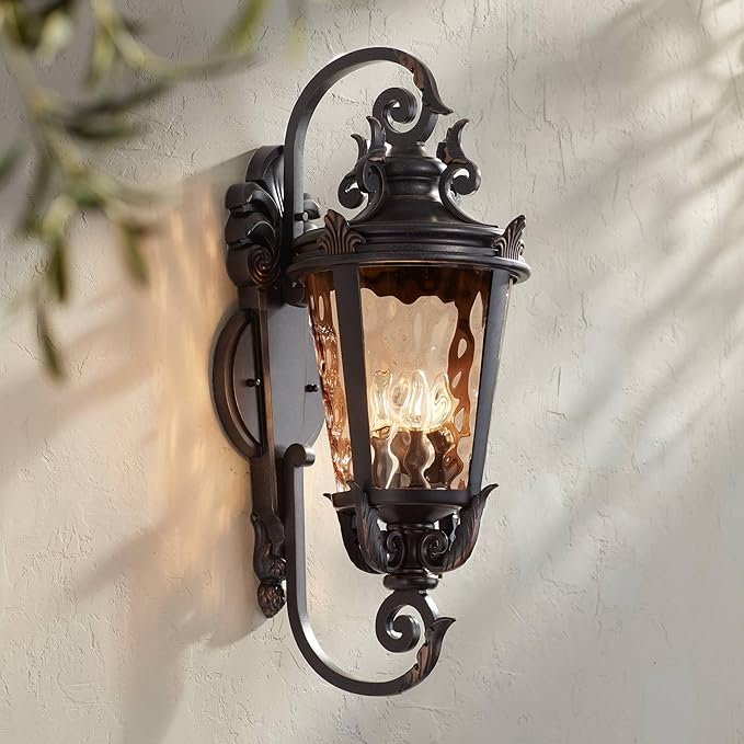 John Timberland Casa Marseille Vintage Outdoor Wall Light Fixture Veranda Bronze Scroll Frame 31" Champagne | Lumora