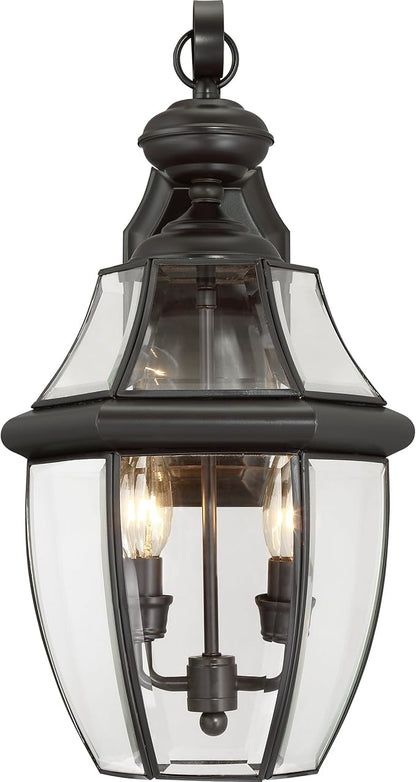 Quoizel Newbury Outdoor Wall Lantern, 20 Inch 2-Light Medici Bronze Wall Sconce, French Country Exterior Wall Lantern Fixture, E12 Base, Clear Glass, Outside Lights for Patio, Porch, Garage or Yard
