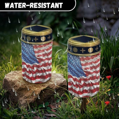 GLENLCWE 2Pcs American Flag Solar Candle Outdoor Led Flameless Candle Lights 4th of July Garden Decor Solar Candle Nightlight Waterproof Candle for Festival Yard Pathway Lawn Decor