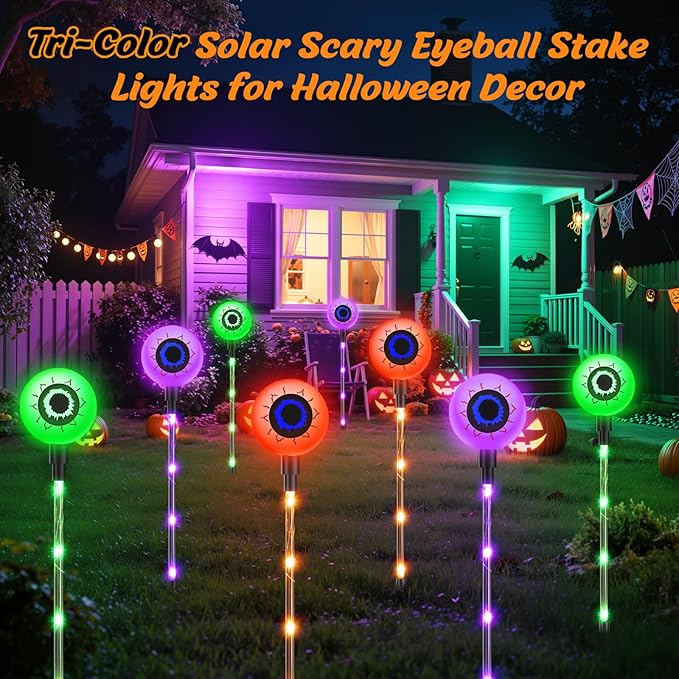 2025 Upgraded 12 Pack Halloween Solar Eyeball Lights Outdoor Decorations: 8 Modes Multicolor Waterproof Halloween Pathway Lights, Orange Purple Green Colorful LED Scary Light for Garden, Yard Decor