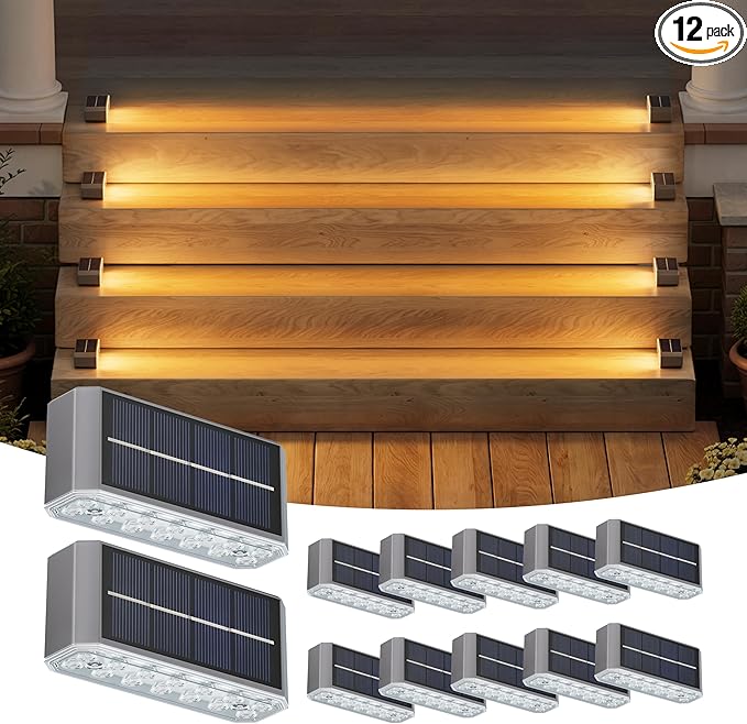 NIORSUN Solar Step Lights, 12 Pack Outdoor Horizontal Lights for Steps, Deck, Stairs, Dock & Pathway - Bright 3000K Warm White, Auto On/Off, IP67 Waterproof