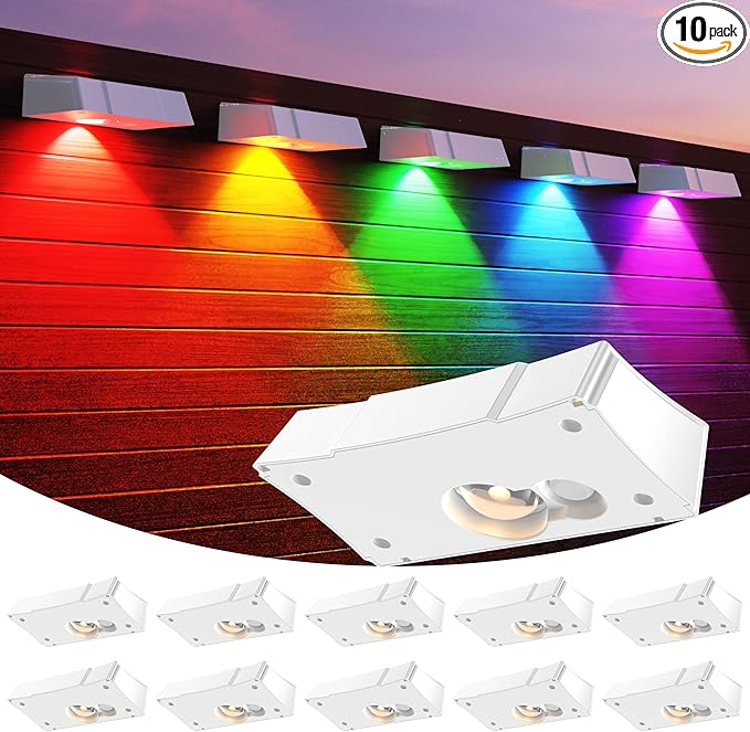 Solar Fence Lights 10 Pack, Fence Light Solar Powered Waterproof IP65 Multicolor Led 9 Fixed Colors ＆RGB Color Changing, Solar Lights Outdoor for Deck, Patio, Porch, Stairs, Holiday (White)