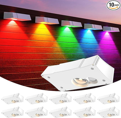 Solar Fence Lights 10 Pack, Fence Light Solar Powered Waterproof IP65 Multicolor Led 9 Fixed Colors ＆RGB Color Changing, Solar Lights Outdoor for Deck, Patio, Porch, Stairs, Holiday (White)