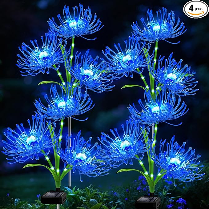 Solar Garden Flower Lights Outdoor, 4 Pack Blue Spider Lily Solar Lights with Glowing Stems, IP65 Waterproof LED Yard Decor for Patio Lawn Pathway, Mother's Day Valentine Gifts for Women Mom Grandma