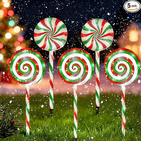 Christmas Lollipop Pathway Lights-5 Pack Solar Powered Outdoor Garden Path Lights Xmas Candy Cane Landscape | Lumora