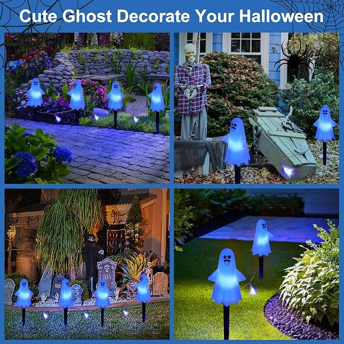 8Pcs Ghost Halloween Decor Pathway Lights Outdoor, Solar Powered Ghost Stake Lights with 8 Lighting Modes, Waterproof Halloween Decorations for Garden/Yard/Patio