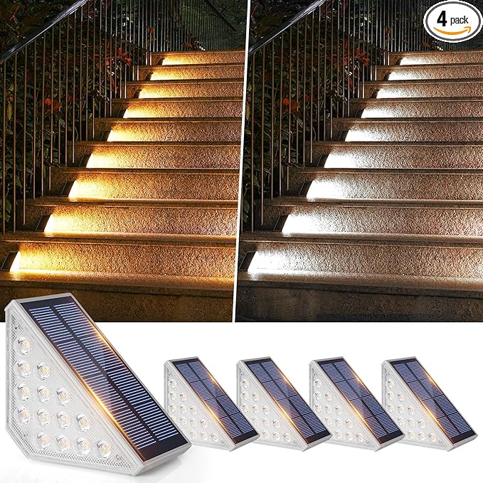 4-Pack Solar Stair Lights Outdoor Waterproof, Upgraded 2 Color LED Solar Powered Step Light for Outside, IP67 Auto On Off, Solar Lights for Front Sidewalk Yard Patio Porch Decor, Warm White-Cool White