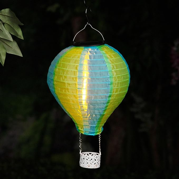 Alpine Corporation QLP1566SLR-YLBL Solar-Powered Cloth Hot Air Balloon with Flame LED Lights, LED Solar Décor, 13" H, Yellow