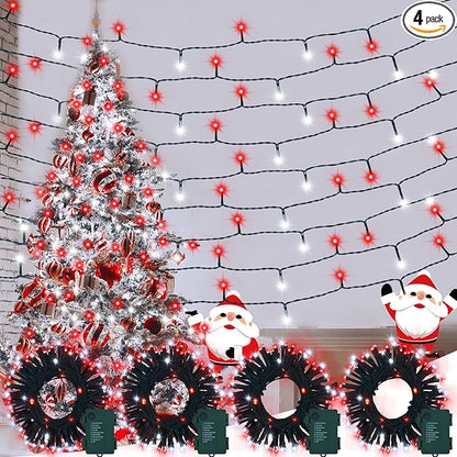 4 Pack Red White Christmas Lights Battery Operated 16.4Ft 50 LED Wreath String Lights Auto Timer Candy Cane Battery String Lights 8 Modes Green Wire Xmas Decor for Christmas Tree Garland
