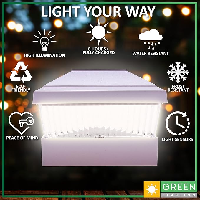GreenLighting 12 Pack Classic #2 Solar Power Outdoor Garden Pathway Deck Dock Patio Fence Post Light for 5x5 PVC Posts (Off-White)