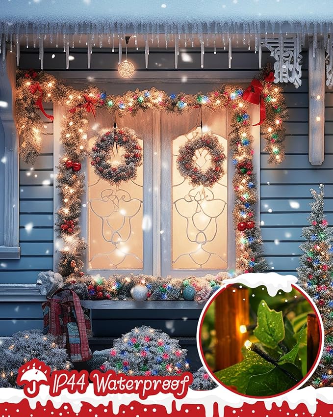 Minetom Christmas Tree Lights, 66ft 200 LED Outdoor Christmas Lights with Remote, 8 Modes String Lights Plug in with Timer for Outside Party Decor, Warm White & Multicolor