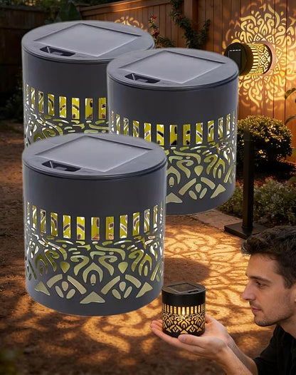 Decorative Solar Mandala Lights Outdoor, 3.34in Metal Solar Powered Outdoor Deck Step Wall Lights with Soft Warm Glow, Mandala Theme Fence Light for Garden Patio Backyard Decor(3Pcs)