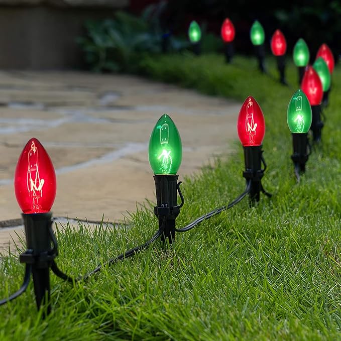 C9 Vintage Christmas String Lights, 25Ft Red & Green with 26 C9 Bulbs, Outdoor Hanging Patio Lights for Christmas | Lumora