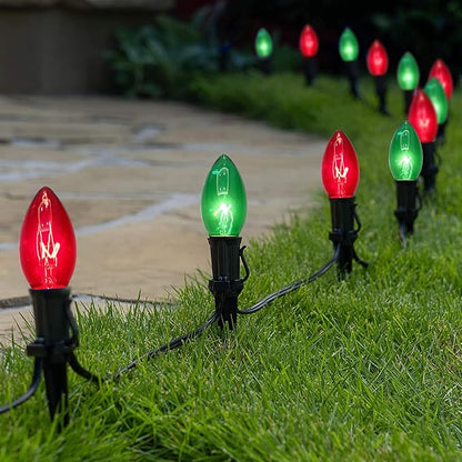 C9 Vintage Christmas String Lights, 25Ft Red & Green with 26 C9 Bulbs, Outdoor Hanging Patio Lights for Christmas Tree, Path, Roofline, Wedding Party Decoration