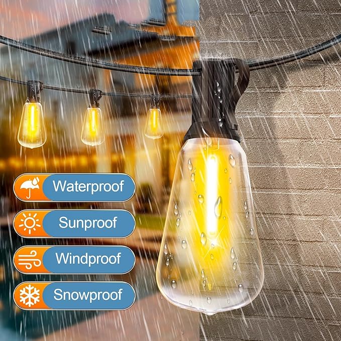 Sxminer Outdoor String Lights, 50Ft with 27 LED ST38 Waterproof Shatterproof Dimmable Edison Patio Light Bulbs,for Porch Deck Garden Backyard Balcony Xmas, 2700K