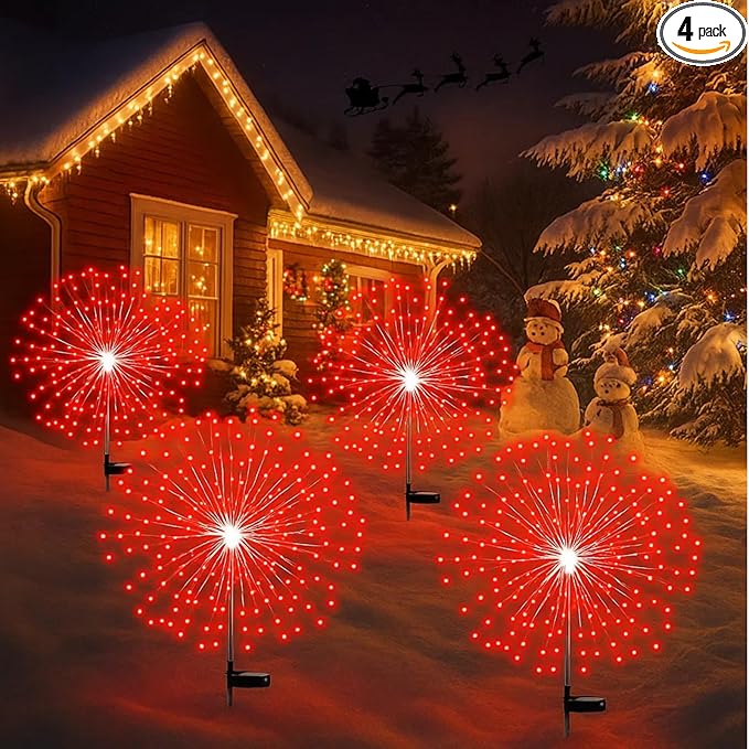 4th of July Decorations Outdoor 4 Pack Colored Solar Firework Lights with 180 LED Patriotic Solar Lights 8 Lighting Modes for Yard Pathway Garden Patio Party Decorations(Red)