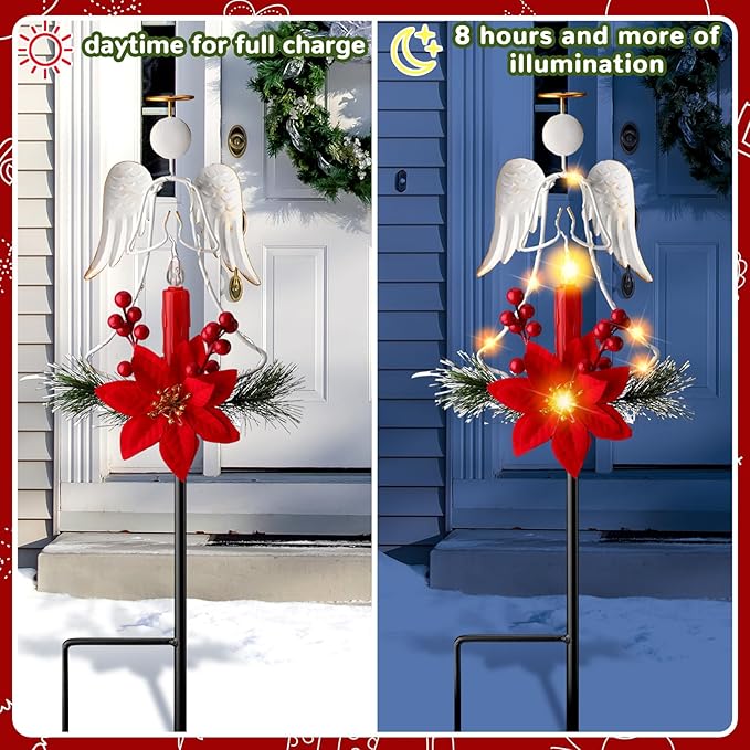 Baquler 2 Pcs Solar Christmas Angel Stake Lights Yard Decorations Christmas Garden Stake Decor Metal Angel Solar Lights Outdoor Garden with LED Candle for Pathway Holiday Winter Decoration