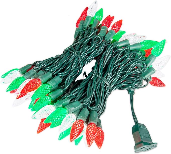 70 Light 24Ft Commercial Christmas String Lights C6 LED Strawberry Faceted Bulb – Red/Green/Pure White, Green Wire | Lumora