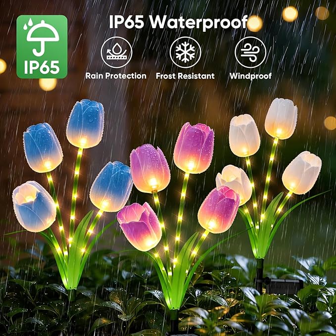 Solar Tulip Lights Outdoor: 3-Pack Solar Flower Garden Lights with Bendable Stems - IP65 Waterproof 800mAh for 12H Lighting - Auto On/Off Garden Decor - Gifts for Mom - Blue Purple White