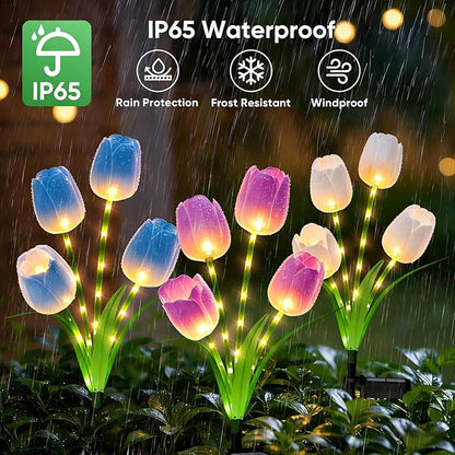 Solar Tulip Lights Outdoor: 3-Pack Solar Flower Garden Lights with Bendable Stems - IP65 Waterproof 800mAh for 12H Lighting - Auto On/Off Garden Decor - Gifts for Mom - Blue Purple White