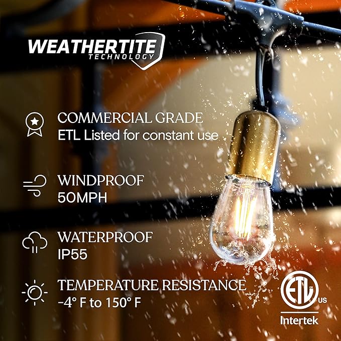 Brightech Glow LED String Lights - 48 Ft Commercial Grade Patio Lights with Beautiful Brass Accents - Outdoor Waterproof Globe Porch String Lights for Outside, Backyard, Gardens - 15 2W LED Bulbs