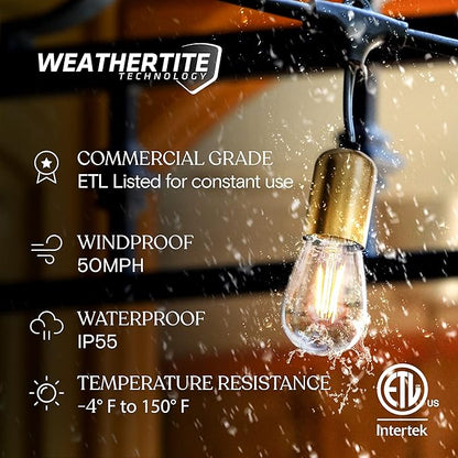 Brightech Glow LED String Lights - 48 Ft Commercial Grade Patio Lights with Beautiful Brass Accents - Outdoor Waterproof Globe Porch String Lights for Outside, Backyard, Gardens - 15 2W LED Bulbs