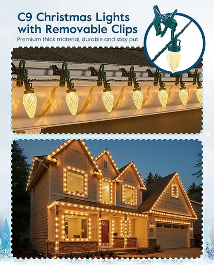 C9 LED Christmas Lights Outdoor with 100 Spring Clips, 81FT 100 LED C9 String Lights Waterproof Connectable for Outside Roofline Patio House Yard Windows Christmas Decorations, Warm White 2 Pack