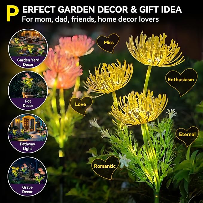 Neporal Solar Flowers Outdoor Waterproof,Romantic Warm Light with 2 Lighting Modes, Solar Outdoor Lights Decorative for Garden, Yard, Backyard Decor 4-Pack Yellow & Pink Combo
