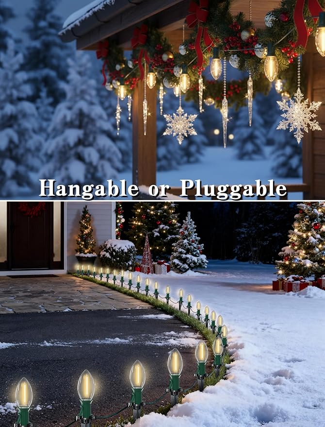 38FT C9 LED Christmas Pathway Lights,25 Warm White Connectable Weatherproof LED Christmas Walkway Lights with C9 Bulbs and Stakes for Driveway Yard Lawn Sidewalk Xmas Decoration