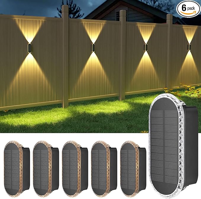 Ellasay Solar Fence Lights Outdoor: 6-Pack Solar Powered Wall Lights Up and Down Waterproof IP65-3 Color Brighter LED Focus Lens SolarLights Dusk to Dawn 12h for Patio/Backyard/Porch/Railing