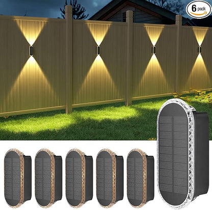 Ellasay Solar Fence Lights Outdoor: 6-Pack Solar Powered Wall Lights Up and Down Waterproof IP65-3 Color Brighter LED Focus Lens SolarLights Dusk to Dawn 12h for Patio/Backyard/Porch/Railing