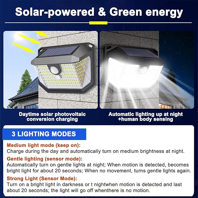 (2 Pack) Solar Wall Lights Outdoor, 202PCS LED White,Cordless,Waterproof IP65,0.55W PV Panel,Automatic Lighting | Lumora