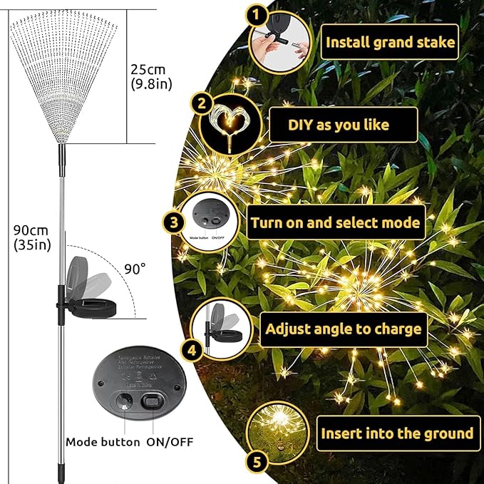 Solar Garden Lights Outdoor，2 Pack 120 LED Solar Fireworks Lights Outdoor Waterproof，8 Modes Starlit Starburst Light DIY for Yard Patio Pathway Planter Party Wedding Flowerbed Decor