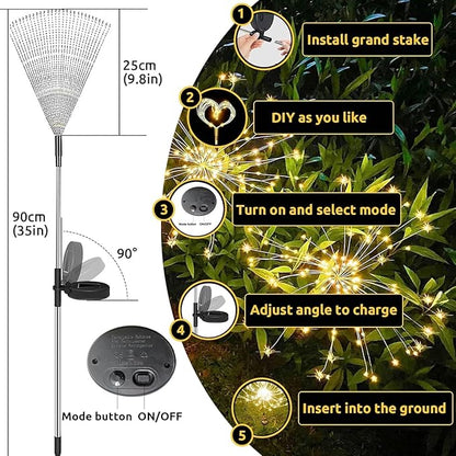Solar Garden Lights Outdoor，2 Pack 120 LED Solar Fireworks Lights Outdoor Waterproof，8 Modes Starlit Starburst Light DIY for Yard Patio Pathway Planter Party Wedding Flowerbed Decor