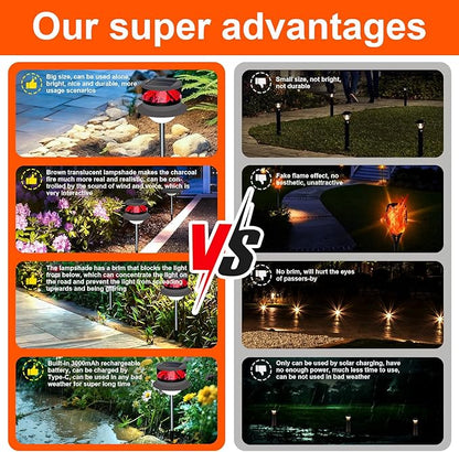Solar Garden Lawn Stake Light, Waterproof Realistic Charcoal Fire, Solar Powered LED for Outdoor Garden, Decorative Landscape Lighting for Path, Modern Unique Style USB Rechargeable Solar Lights