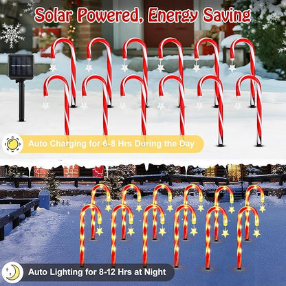 Lewondr 15" Solar Christmas Candy Cane Lights Outdoor, Pathway Stake Lights with 2 Modes, 108 LED Beads, Waterproof Outside Xmas Decorations with Star Decor Lights for Yard Garden Holiday, 12 Pack