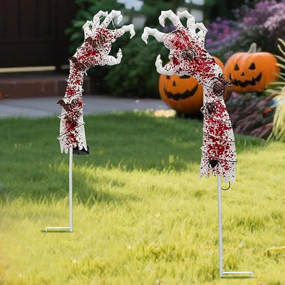 2PCS Solar Halloween Garden Stake Lights Zombie Hand Halloween Pathway Lights with Bats Spiders, Metal Landscape Path Scary Decorative for Pathway Patio Lawn Yard, Red