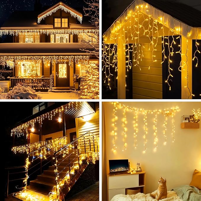 Icicle LED Christmas Lights Outdoor , 520 LED 49.2FT 8 Modes with 80 Drops Warm White Icicle Lights,Remote Control Outdoor Indoor Fairy String Lights for Christmas Party,Holiday,Wedding Decorations