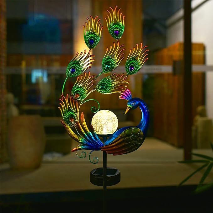 ARTER Solar Garden Stake Light, 50 Inches Tall Metal Peacock Outdoor Waterproof Decorative Solar Pathway Light with Bling Bling Jewels, LED Landscape Light for Yard Patio Lawn Poolside (Pack of 1)
