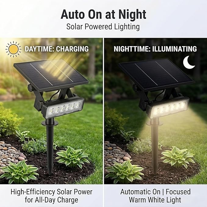 Solar Spotlight Outdoor Single Warm White Solar Garden Light with Adjustable Head and Panel, Dual Installation Ground Stake or Wall Mount, Auto on/Off Landscape Light for Yard Pathway Patio