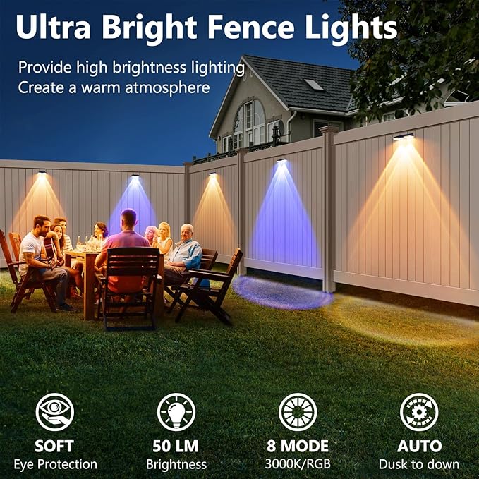 Solar Fence Lights Outdoor Waterproof Led, Fixed Colors/Color Changing/3000K, 50 Lumens Fence Lights Solar Powered for Wall/Patio/Outside/Post/Yard/Stair, Auto ON/Off Deck Lighting (8 Pack)