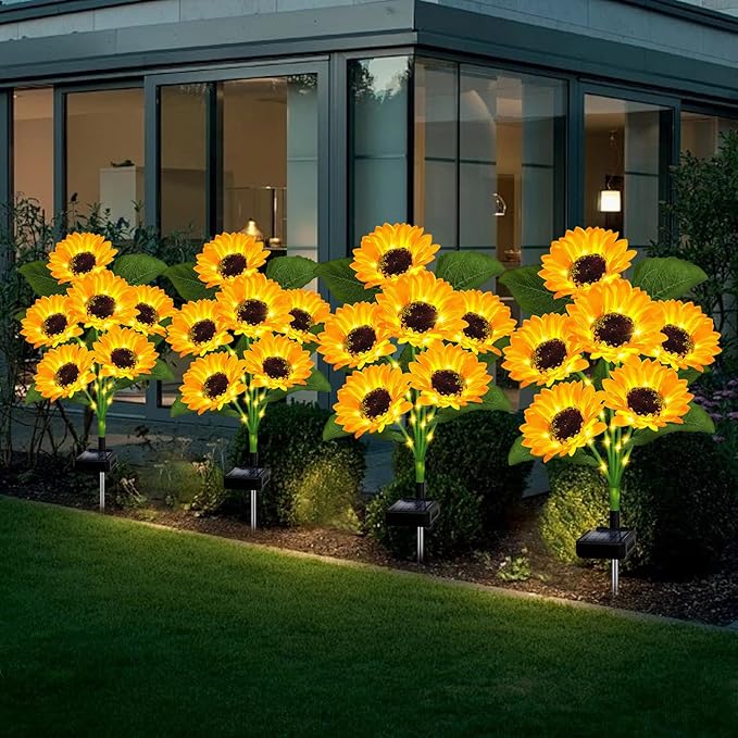Solar Garden Lights Outdoor, 2 Pack Sunflower Lights with 12 Sunflower, Waterproof 60 Led Garden Fall Decor, Gifts for Mom Grandma, Decorative Solar Flowers for Pathway Patio Yard Flowerbed Decoration