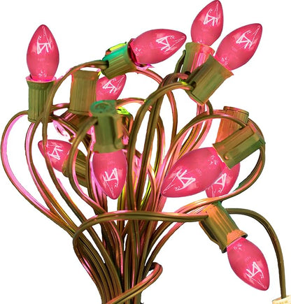 EST. LEE DISPLAY L D 1902 Outdoor Patio String Lights Bulbs & Green Hanging Cord Set Christmas Holiday Seasonal Light Bulbs & Cord Included 25FT C-9 E17 (Green Wire, Pink)