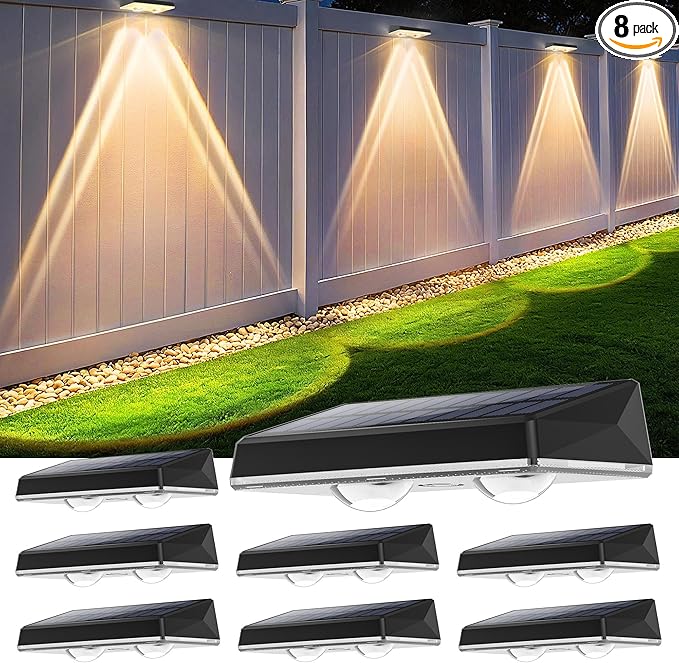 Solar Fence Lights Outdoor, 8-Pack 120LM Fence Lights Solar Powered, IP67 Waterproof Dusk to Dawn Auto On/Off 12+ Hours for Outside/Backyard/Wall/Step/Patio/Deck/Pool (Warm White & RGB 7 Colors)
