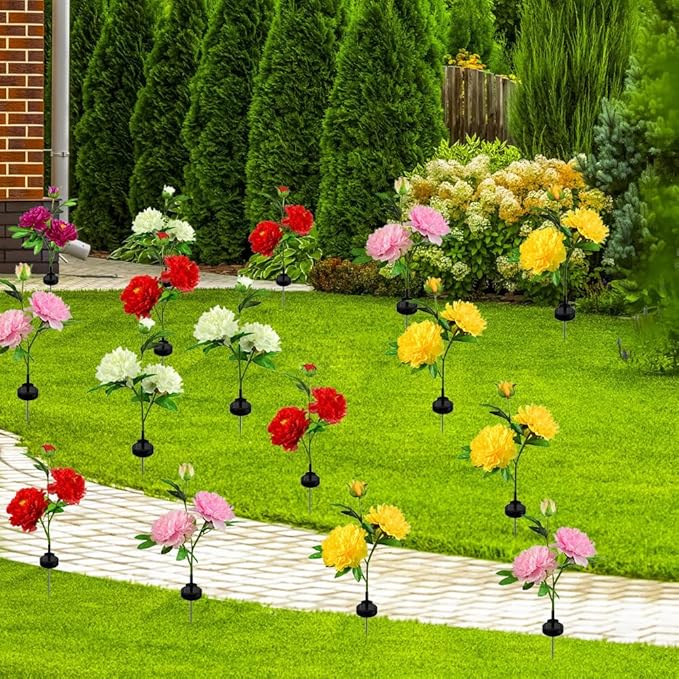 Solar Peony Flower Lights 2pcs Waterproof Garden Outdoor Lights Led Decorative Flowers Stake Light for Home Backyard Pathway Patio Yard Walkway Decoration (Pink)