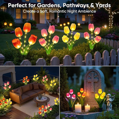Solar Tulip Lights Outdoor: 3-Pack Solar Flower Garden Lights with Bendable Stems - IP65 Waterproof 800mAh for 12H Lighting - Auto On/Off Garden Decor - Gifts for Mom - Orange Pink Yellow